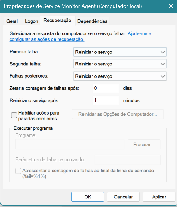 Configuração de recuperação do serviço